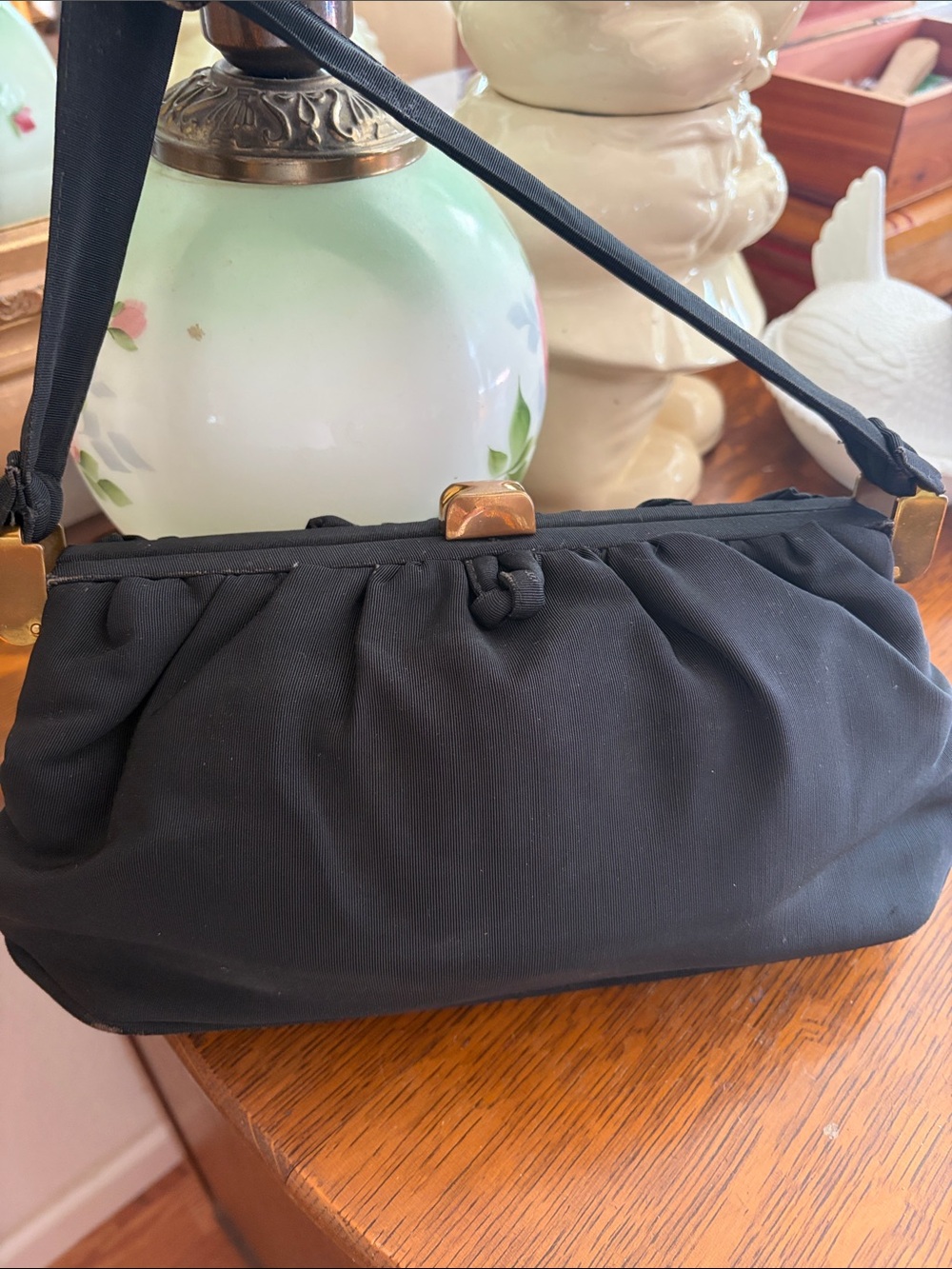 Vintage Black Gathered Wristlet Clutch with Gold-Tone Accent